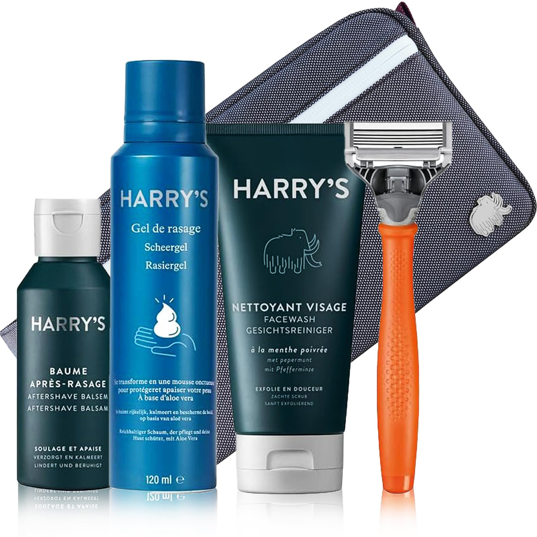 Harry's Geschenk-Set - Nassrasierer für Männer mit orangefarbenem Griff und 5-Klingen Rasierklinge,