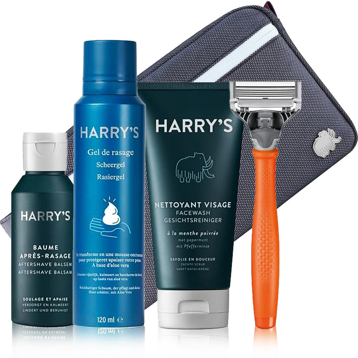 Harry's Geschenk-Set - Nassrasierer für Männer mit orangefarbenem Griff und 5-Klingen Rasierklinge,
