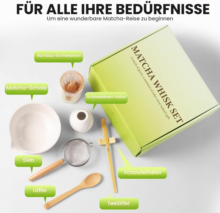 Accwork Matcha Set, 7er-Set Macha Tea Set Matcha zubehör mit Matcha Löffel, Matcha Schale mit Auslau