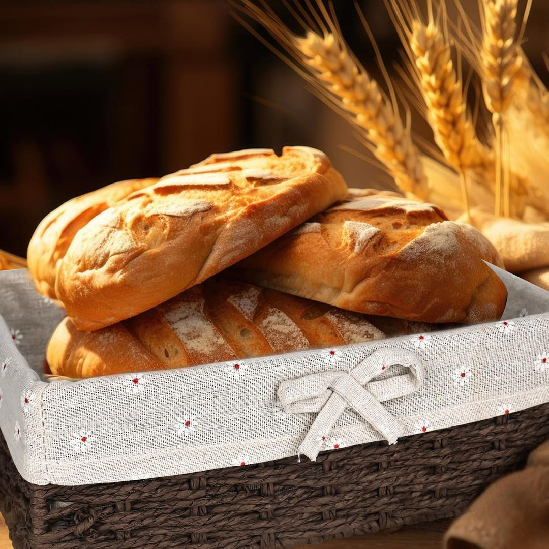 Brotkorb 3er Set mit Baumwolleinsatz | Eckige Brotkörbchen aus Seegras | Geflochtener Korb | Aufbewa