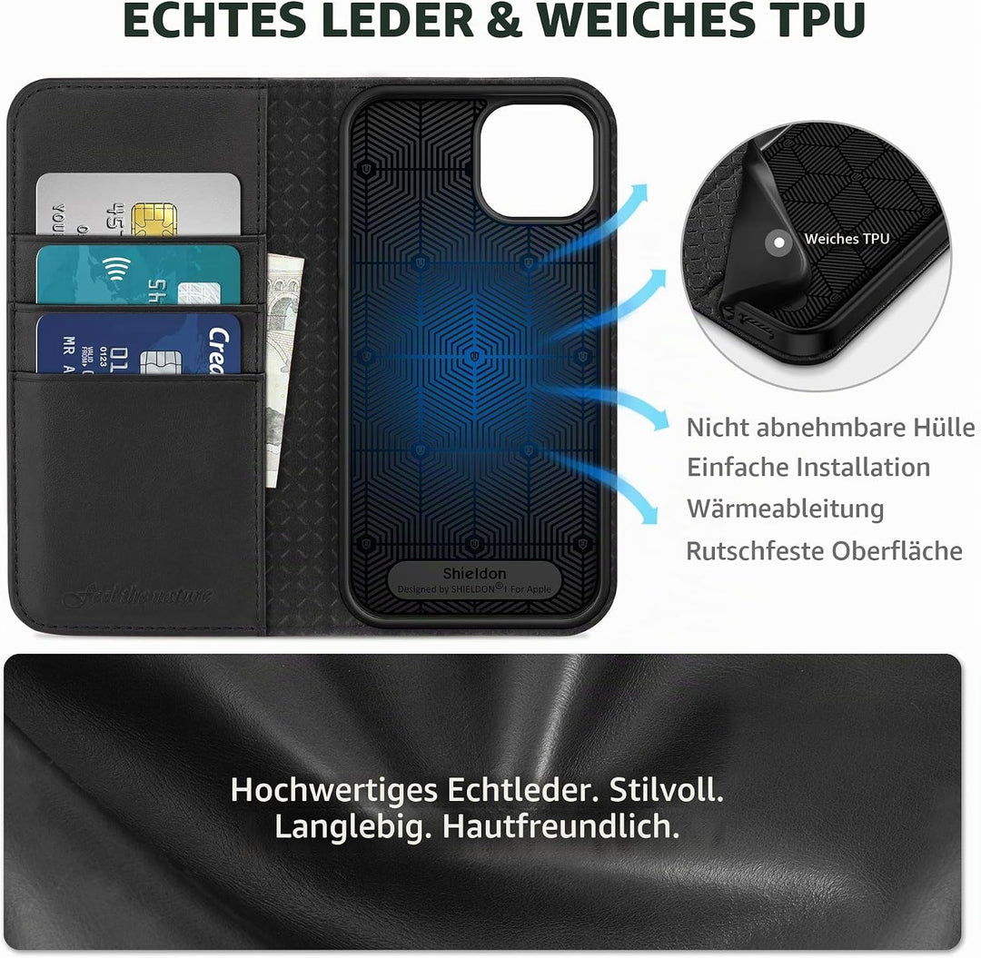 SHIELDON Hülle für iPhone 14 5G Stossfest Handyhülle [Erstklassig Echtleder] [Kartenfach] [Magnet] [