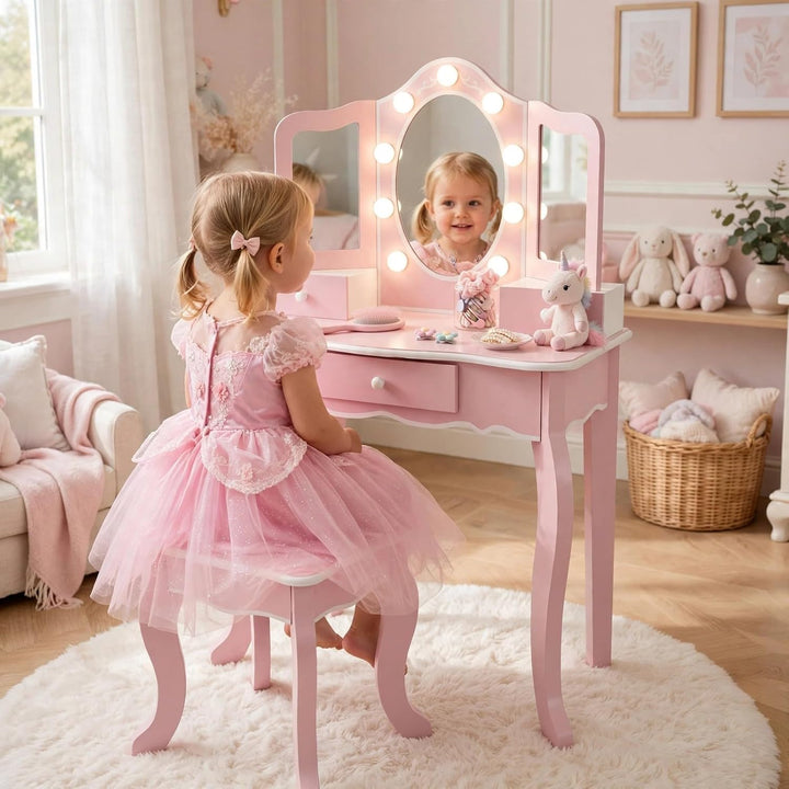 Bayer Chic 2000® Schminktisch Kinder mit LED Beleuchtung &amp; Hocker – Bruchsichere Spiegel &amp; Ausreiche