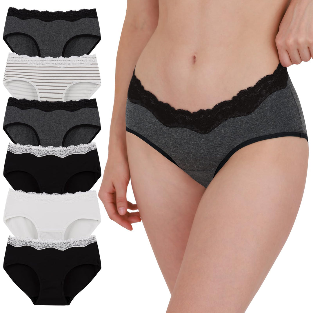 INNERSY Unterhosen Damen Baumwolle Slips mit Spitze Bequeme Hipster Unterwäsche Mehrpack 6 36 Schwar