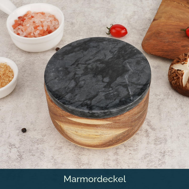 KITCHENDAO Grosse Holz-Salzbox mit integriertem Servierlöffel, Salzkeller, Gewürzbehälter, schwarzer