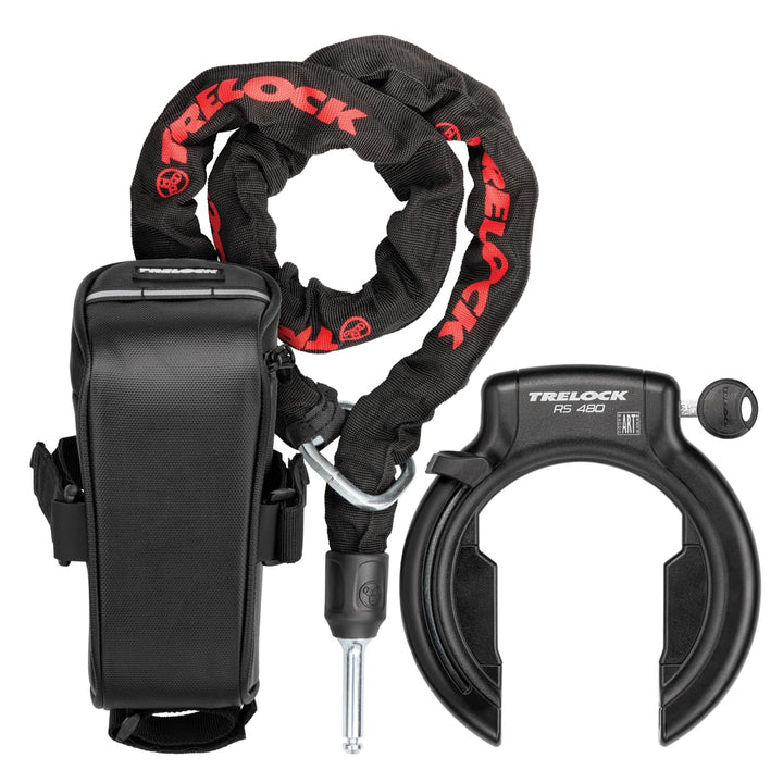 TRELOCK Rahmenschloss RS 480 Naz + Einsteckkette ZR 355 100/6 mit Satteltasche – 70,7 mm breite Öffn