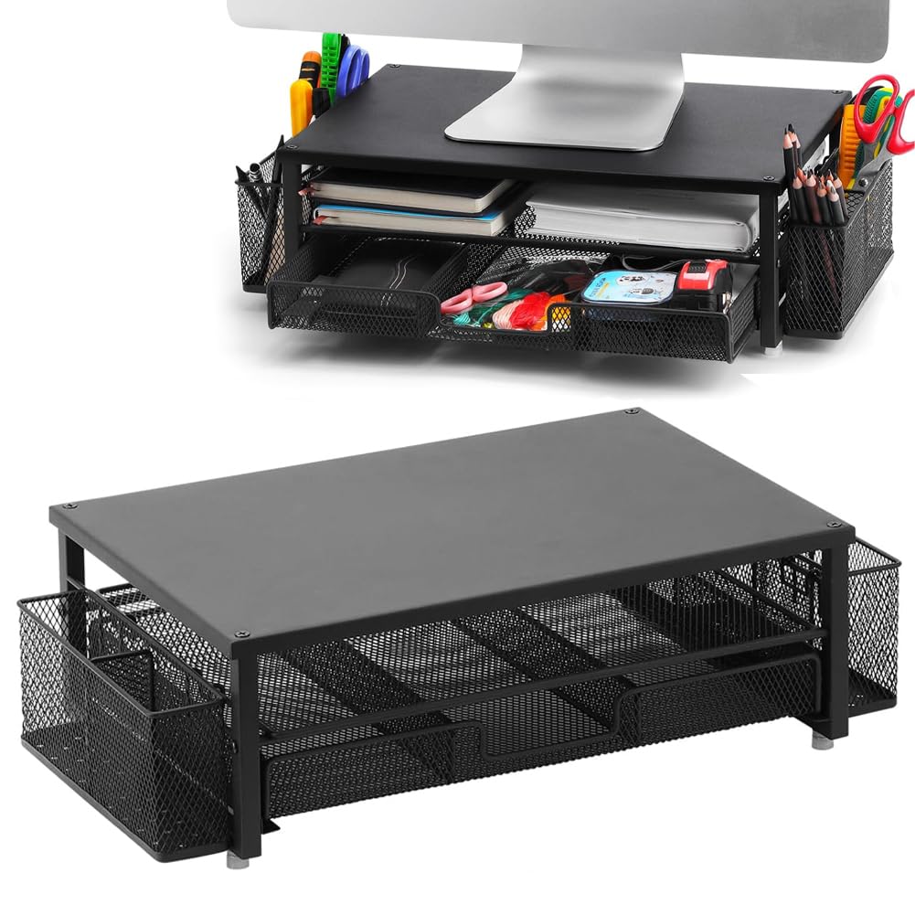 Monitorständer mit Schublade, 2-Stufiger Computer Monitor Erhöhung mit Schublade und 2 Stifthaltern,