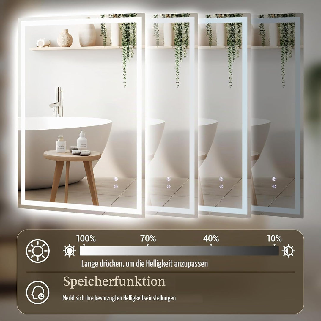 Clevich Badspiegel mit Beleuchtung 100×60 cm, LED Spiegel mit 3 Lichtfarben und dimmbar, Touch-Schal