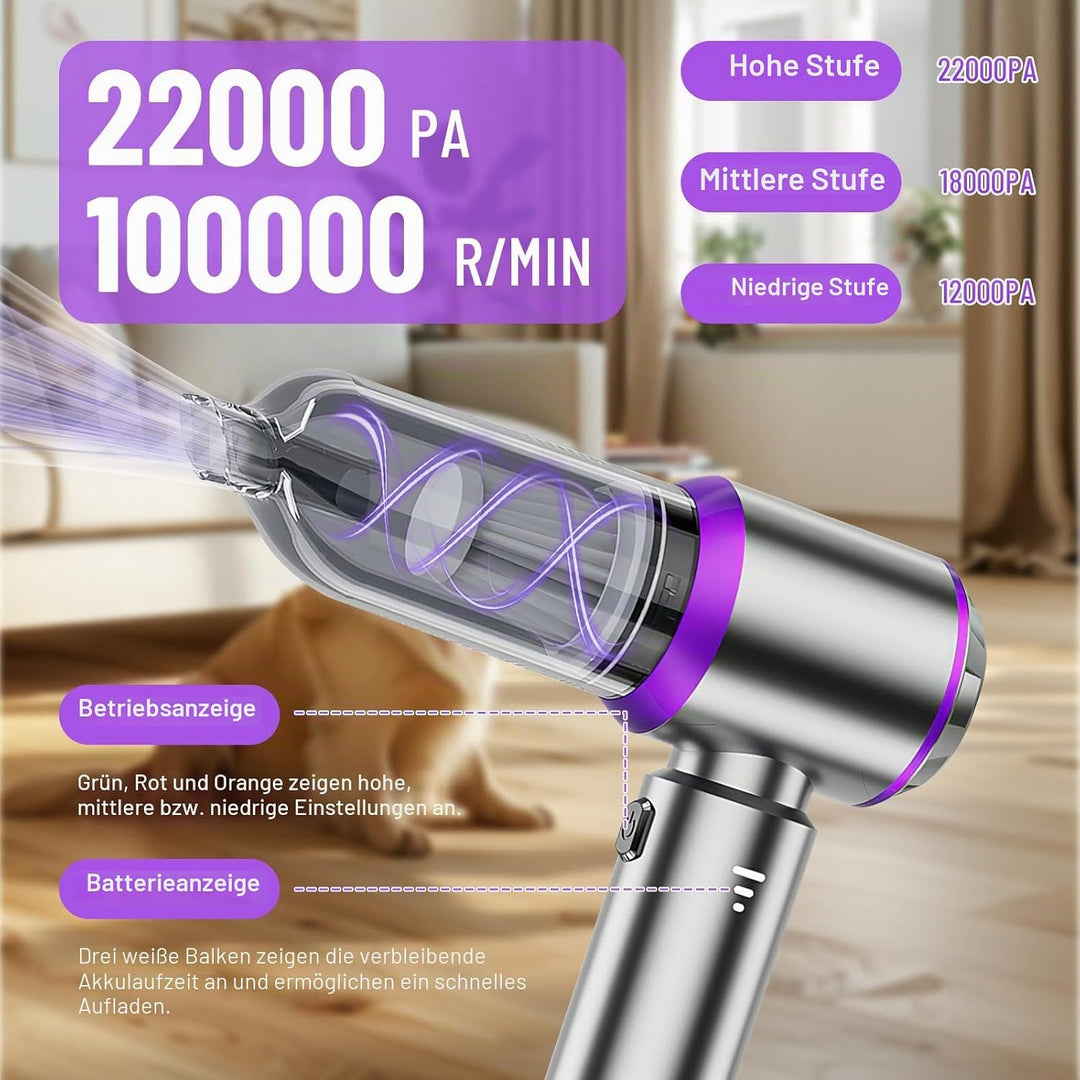 Handstaubsauger Akku Kabellos,22000Pa 3-Gang Mini Autostaubsauger mit Bürstenloser Motor,4-in-1 Elek