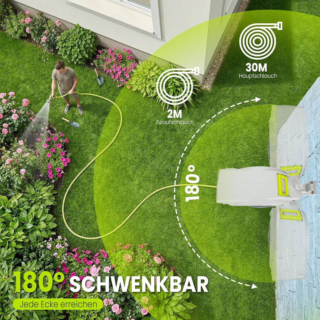 Schlauchtrommel Wasser 30m + 2m, 180° Schwenkbar Wand-Schlauchbox, Automatischer Gartenschlauch trom