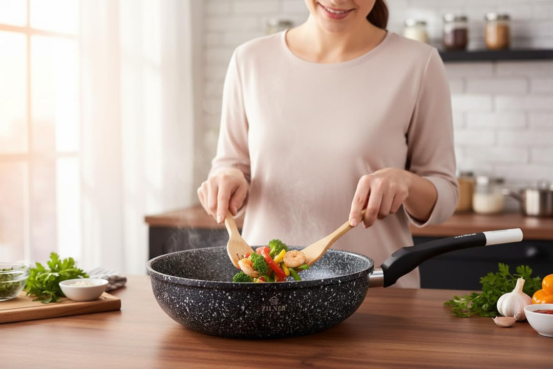 Wokpfanne 28 cm - Tiefe Pfanne mit Granit-Beschichtung - für alle Herdarten - für Asiatische Küche u