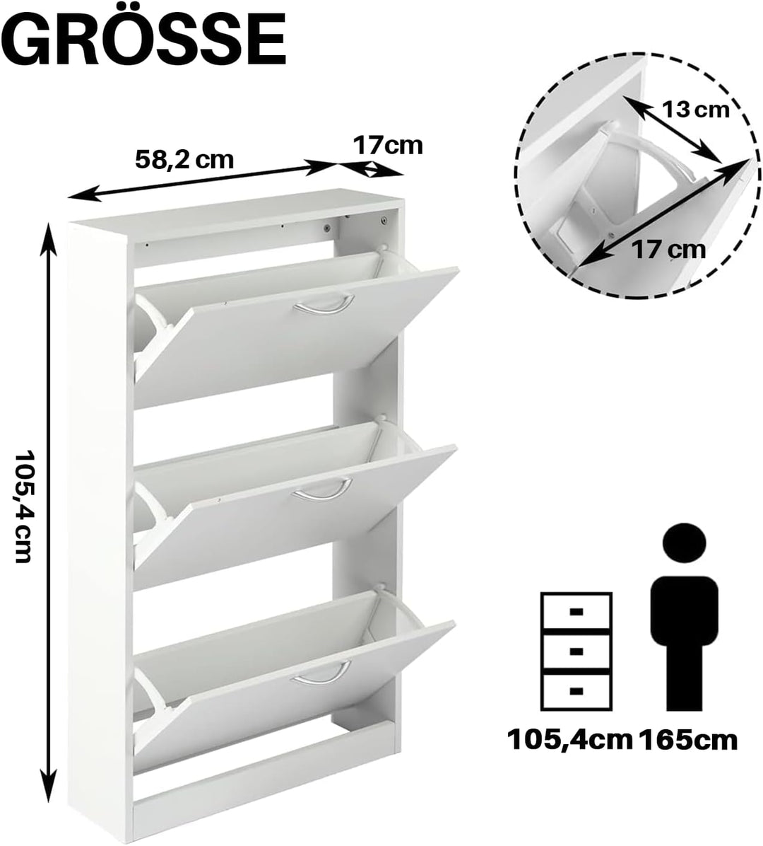 GRAVFORCE Schuhschrank 3 Klappen, Eingangsbereich, Weiss schmaler Schuhschrank Flip Down Schuhregal