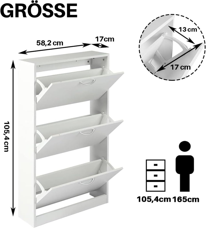GRAVFORCE Schuhschrank 3 Klappen Weiss Holz Eingangsbereich 58x17x105 cm | Platzsparender schmaler S
