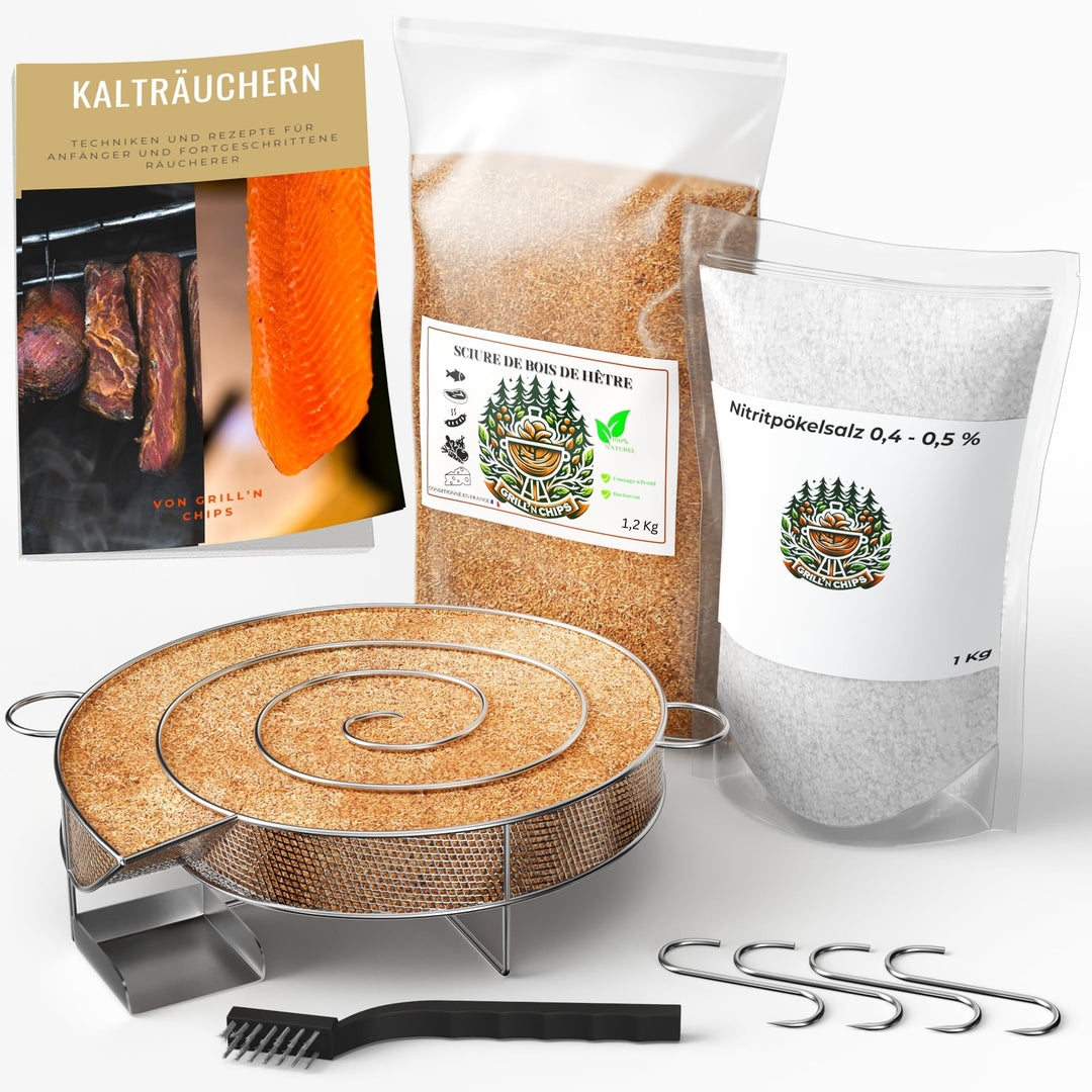 Kaltrauchgenerator/Räucherschnecke + 1,2 kg Räuchermehl Buche + 1 kg Nitritpökelsalz + 4 Haken & Bür