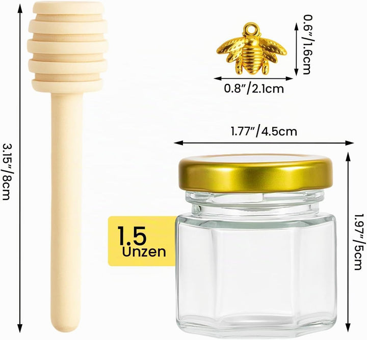 Youyijia 50er Set Mini Honiggläser, 1,5oz Hexagon-Glasflaschen mit Holz-Dipper, Goldener Deckel, Bie