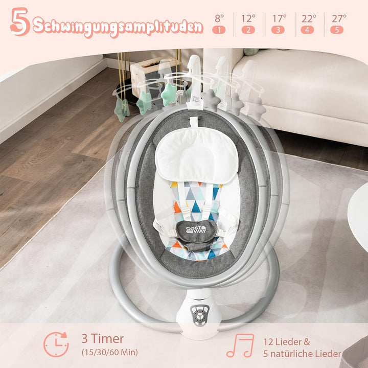 COSTWAY Elektrische Babywippe, Babyschaukel mit 5 Schaukelstufen, 3-Stufen-Timer-Funktion, 5-Punkt-S