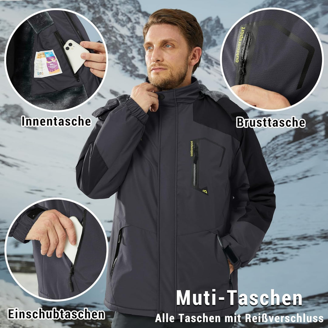 KEFITEVD Herren Skijacke Atmungsaktiv Warm Gefüttert Winterjacke mit Abnehmbarer Kapuze Snowboardjac