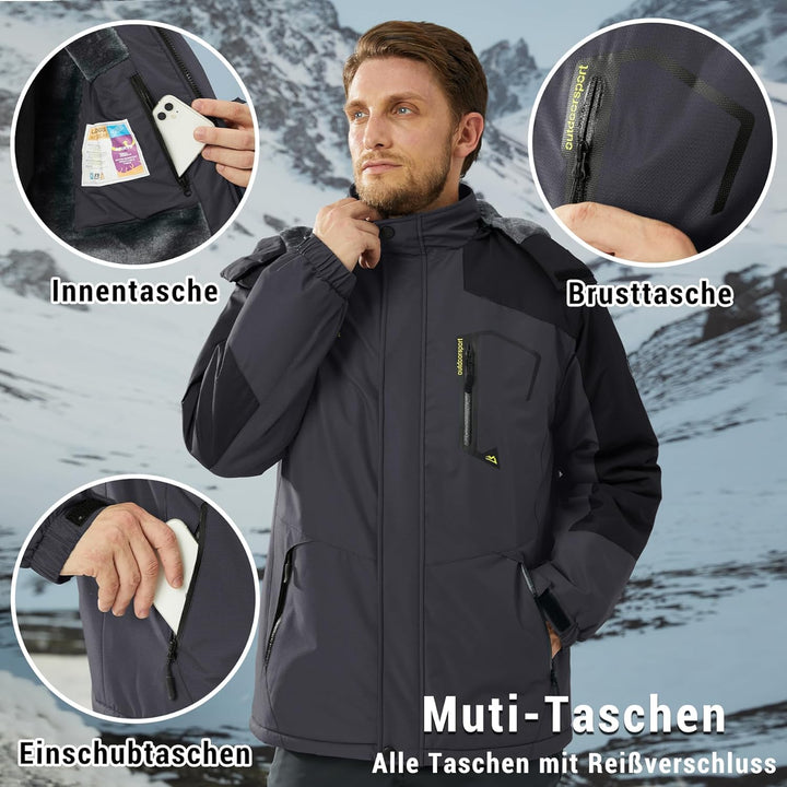 KEFITEVD Herren Skijacke Atmungsaktiv Warm Gefüttert Winterjacke mit Abnehmbarer Kapuze Snowboardjac