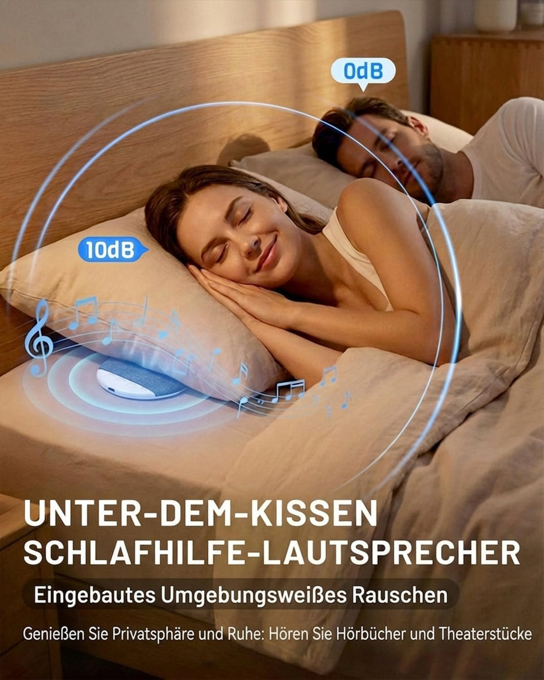 Kissenlautsprecher Bluetooth, Tragbarer Kopfkissen Lautsprecher mit BT 5.4, Weissem Rauschen & Timer