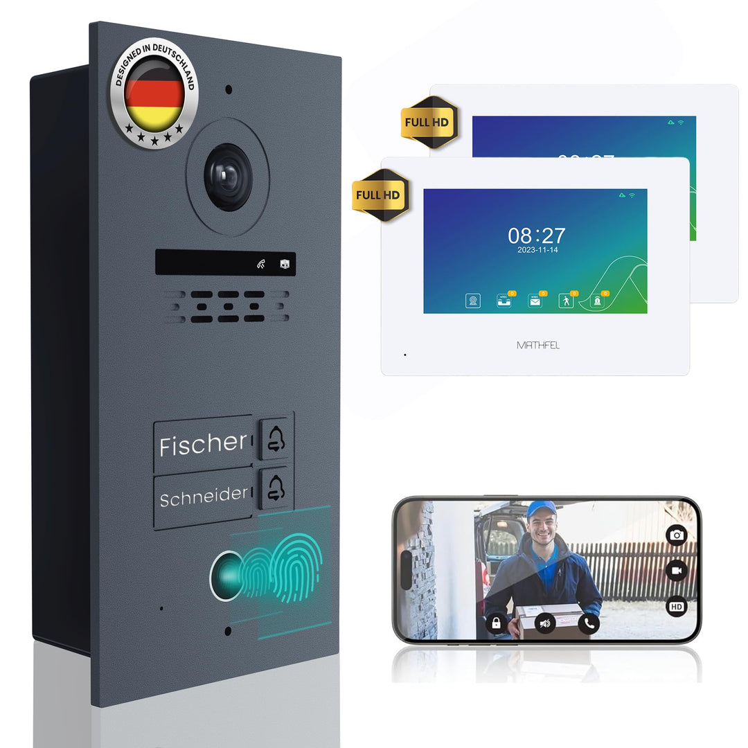 Mathfel 2-Draht Video Türsprechanlage mit Fingerprint – WLAN Monitor, 2MP HD Kamera, 170° Weitwinkel