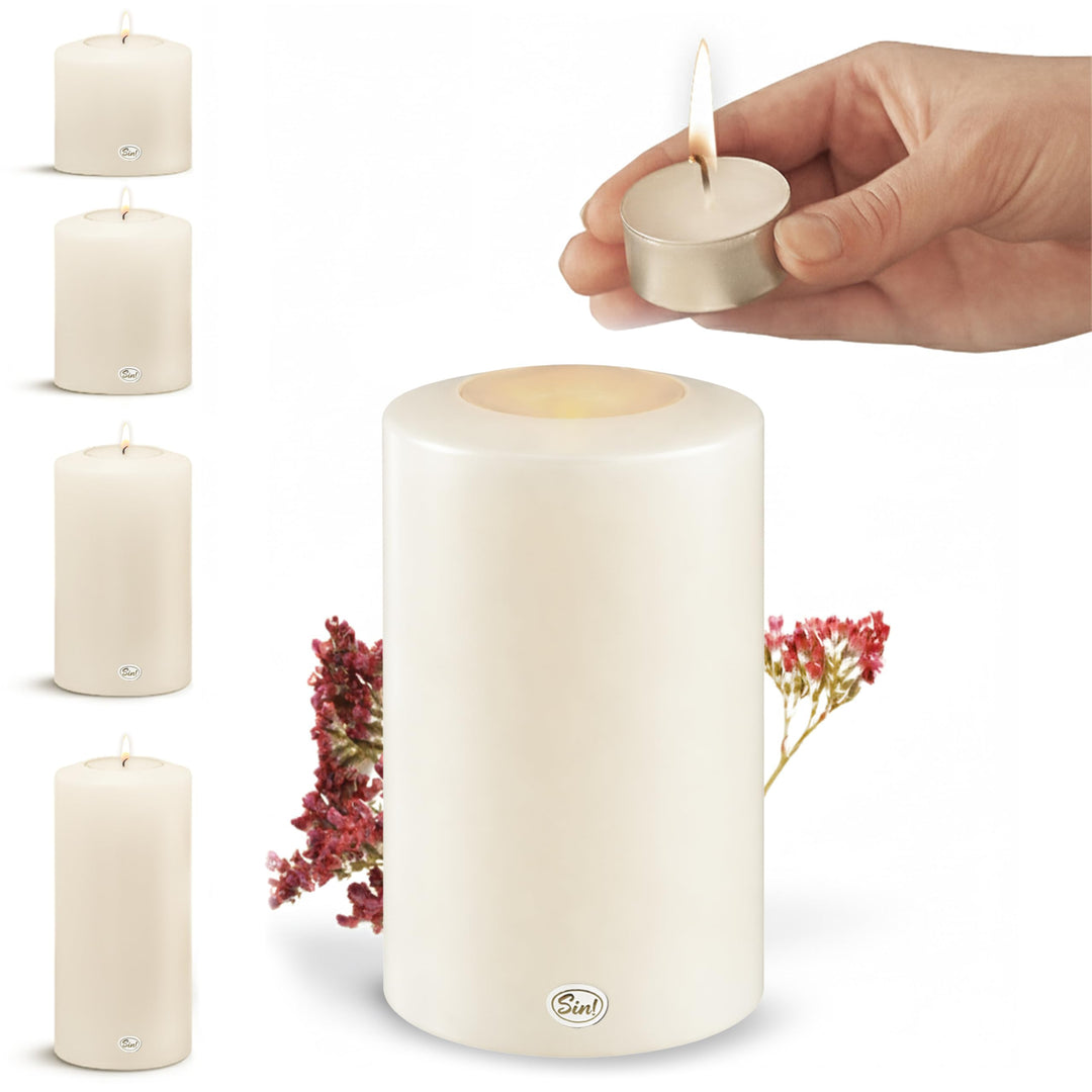 Sin! Teelichthalter Classic warmweiss - ∅ 10cm, Höhe 18cm. Die Kerze die Nicht schmilzt! - Dauerkerz