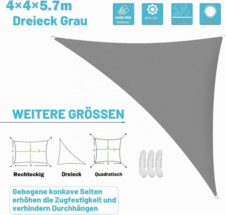 Sunal Sonnensegel Dreieckig 4x4x5.7m,PES Polyester Wasserdicht,Sonnensegel Dreieck Rechtwinklig,95%