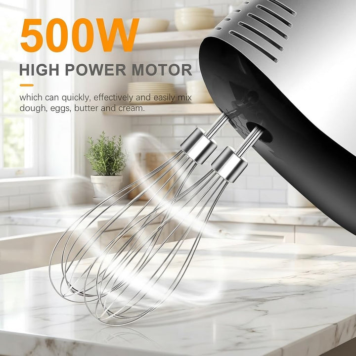 Handmixer Elektrisch 500W mit 5 Geschwindigkeiten & Turbinenfunktion Inkl. 2 Quirlen, 2 Knethaken, 2