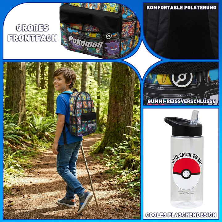 Get Trend Pokemon Rucksack Kinder Set, Kinderrucksack & Trinkflasche, 500ml Schule Sport Freizeit, G
