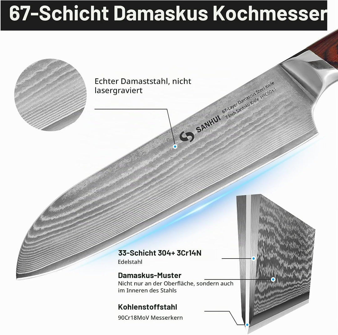 Santokumesser 18 cm, Profi Damastmesser aus 67 Lagen echten Damaststahl, Ultrascharfes Santoku Messe