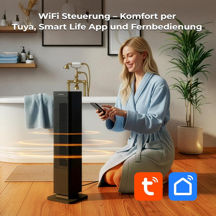 CoolHeat Keramik-PTC Heizlüfter 2000W WiFi 2-in-1 – Heizungslüfter & Turmventilator, 80° Oszillation