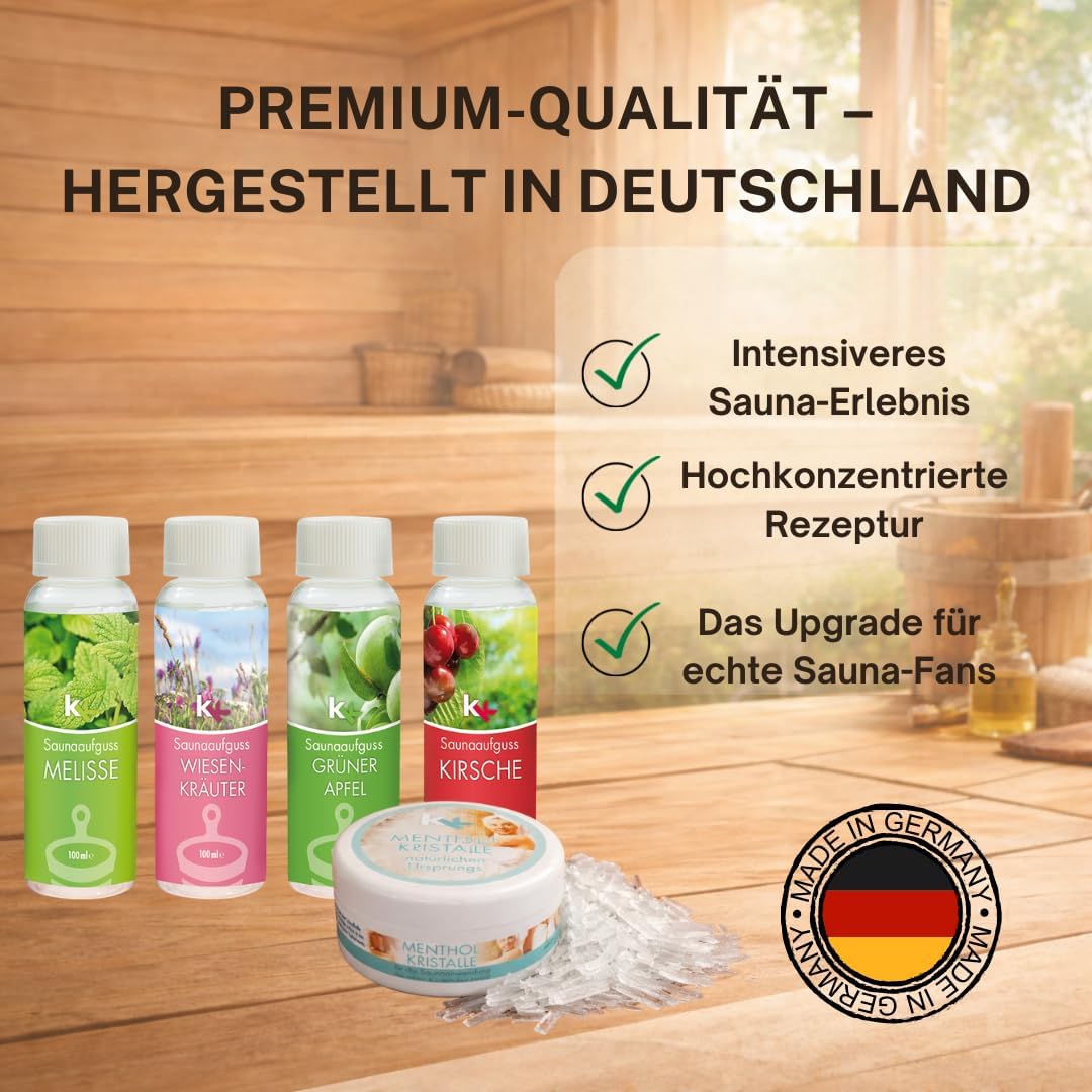 Sauna Set | KK Saunaaufgussset 4 x 100 ml + 50g Mentholkristalle | Saunakonzentrat + Menthol-Kristal