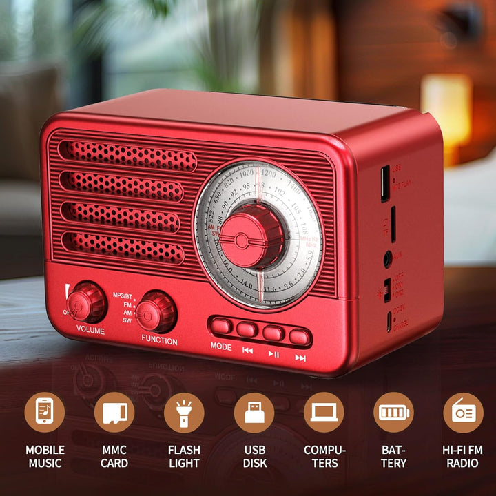 Retro Transistor Radio, Battery Operated AM FM SW Radio, Small Rechargeable Portable with 1800mAh Li
