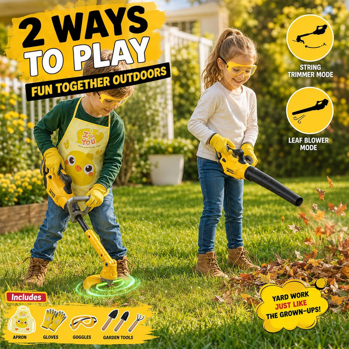 2 in 1 Kinder Rasenmäher mit Geräusch und Licht, Gartenspielzeug | mit Laubbläser, Schürze, Handschu