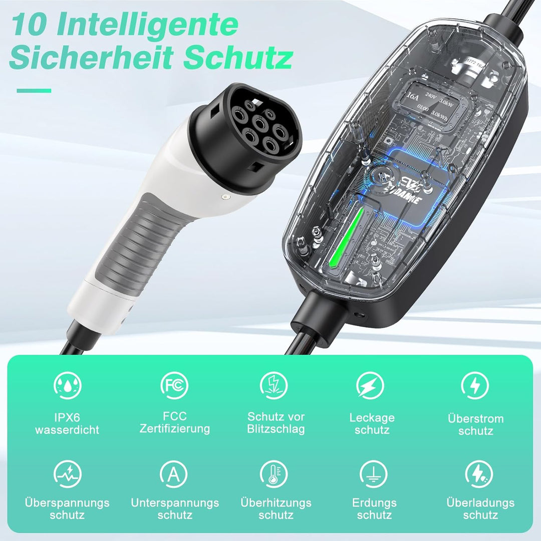 EVDANCE Ladekabel Typ 2 Schuko 6.1m 3.68KW Tragbares Ladegerät mit OLED Bildschirm 6-16A für PHEV/EV