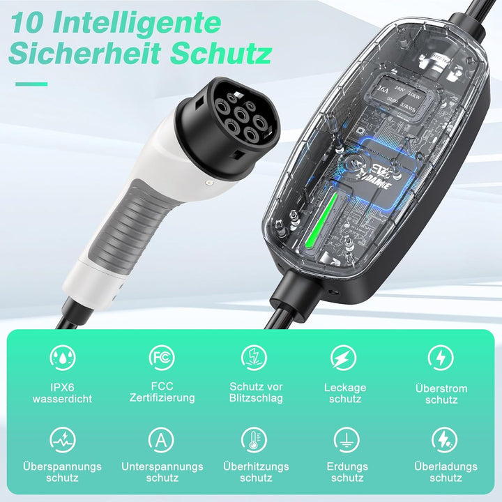 EVDANCE Ladekabel Typ 2 Schuko 6.1m 3.68KW Tragbares Ladegerät mit OLED Bildschirm 6-16A für PHEV/EV