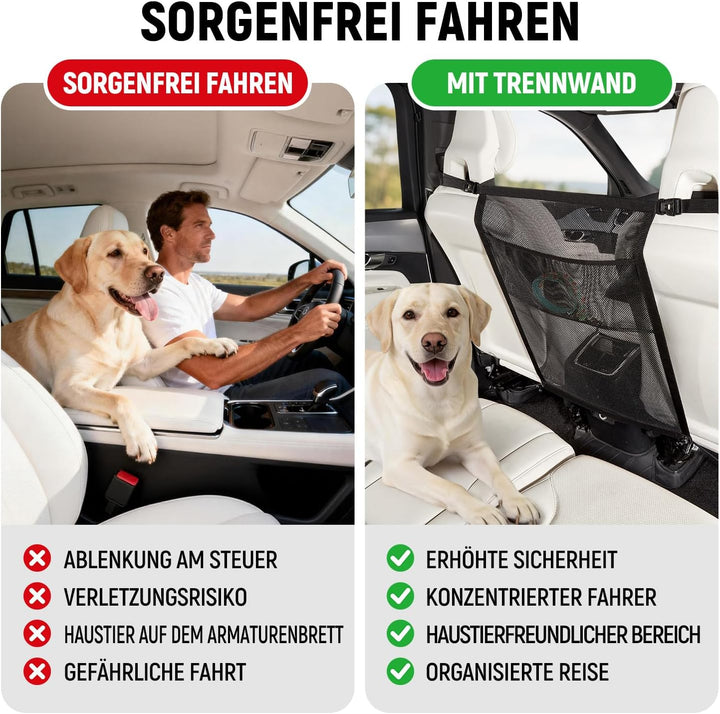 Hundegitter Auto Mit Aufbewahrungstaschen Trennnetz Hund - Hundenetz für Vordersitz, Sicherheitsbarr