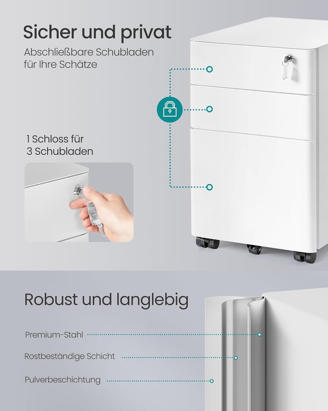 SONGMICS Schubladenschrank, Rollcontainer mit 3 Schubladen, abschliessbarer Aktenschrank, vormontier