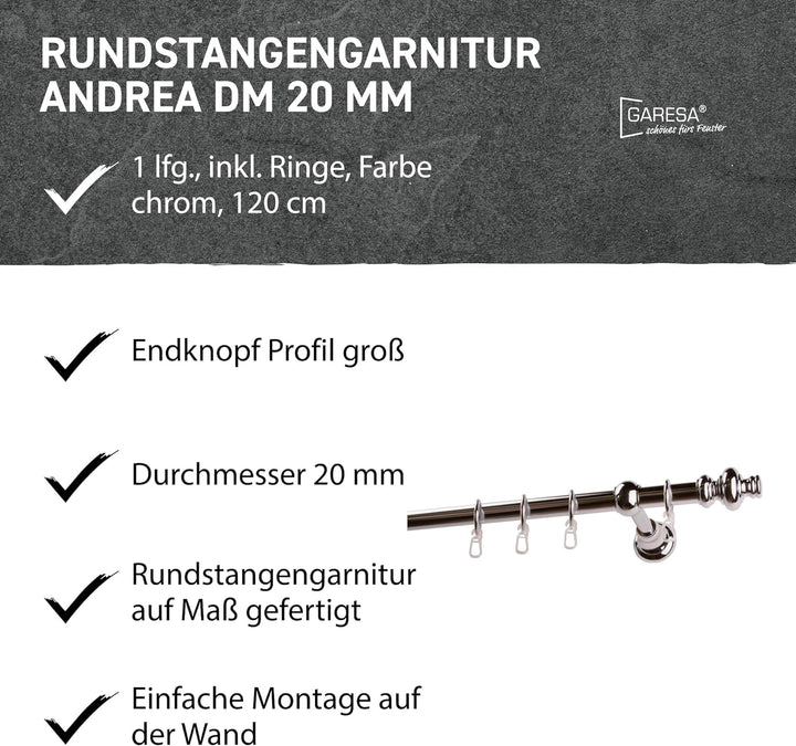 Garesa Gardinenstange Andrea Ø 20mm, 1-läufig, Chrom I Stabile Vorhangstange inkl. Ringe + Faltenleg