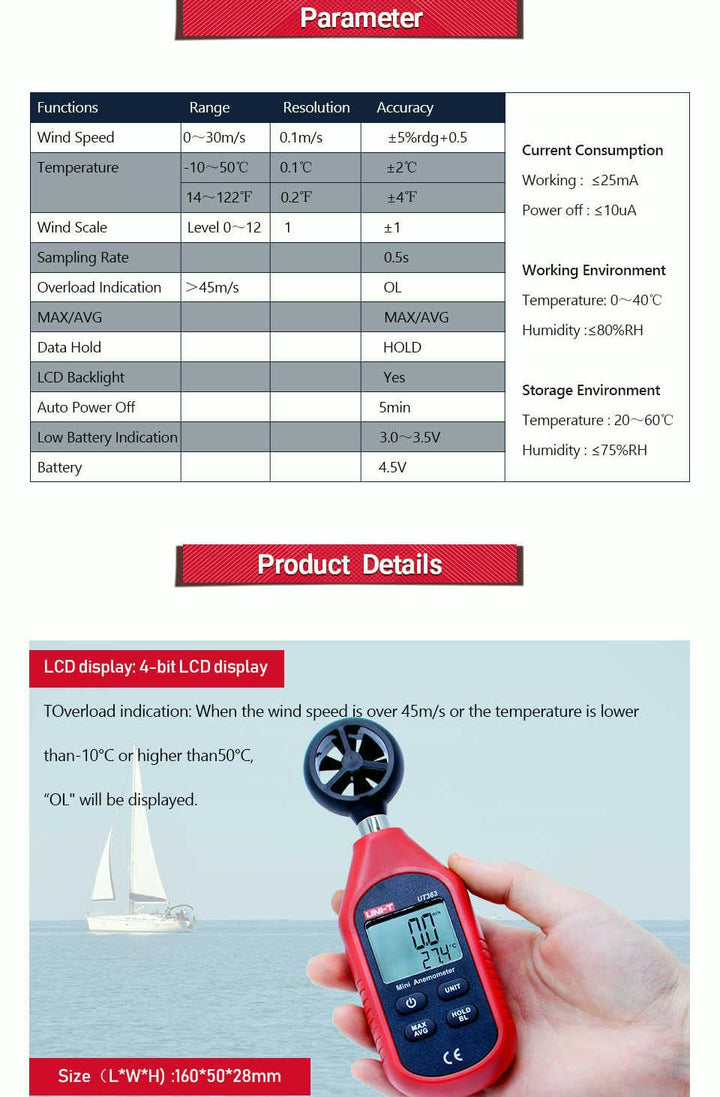 UNI-T UT363 UT363BT Mini-Handheld Anemometer mit Bluetooth Digital Wind Anemometers Speed Measuremen