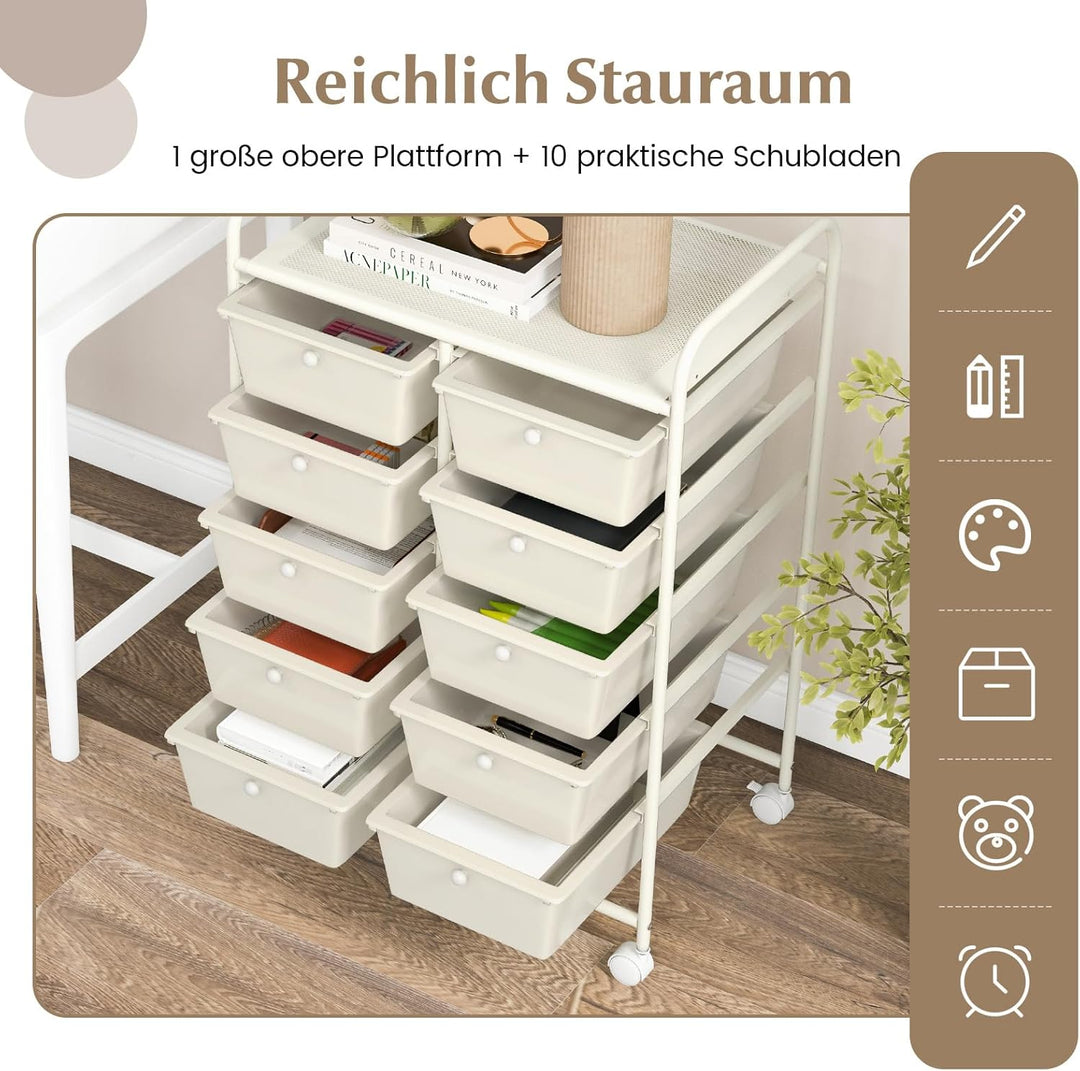 COSTWAY Rollwagen mit 10 stapelbaren Schubladen, Schubladenwagen Rollcontainer mit Metallgestell und