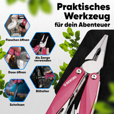 AVENTURIS® Pinkes-Multitool-Werkzeug aus Edelstahl mit 21 Funktionen, Geschenke für Frauen, Multifun