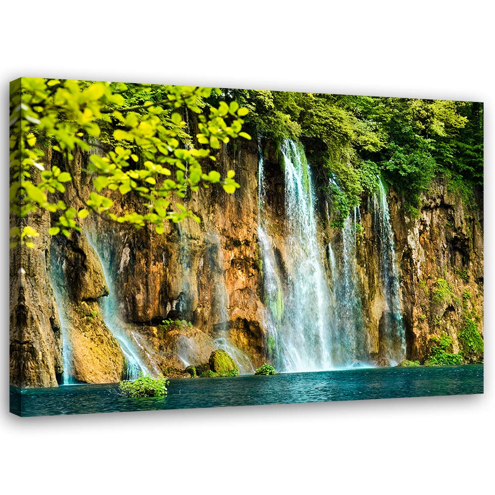 Feeby Wandbild Natur Druckbild Leinwandbild Wasserfall Grün 100x70 cm