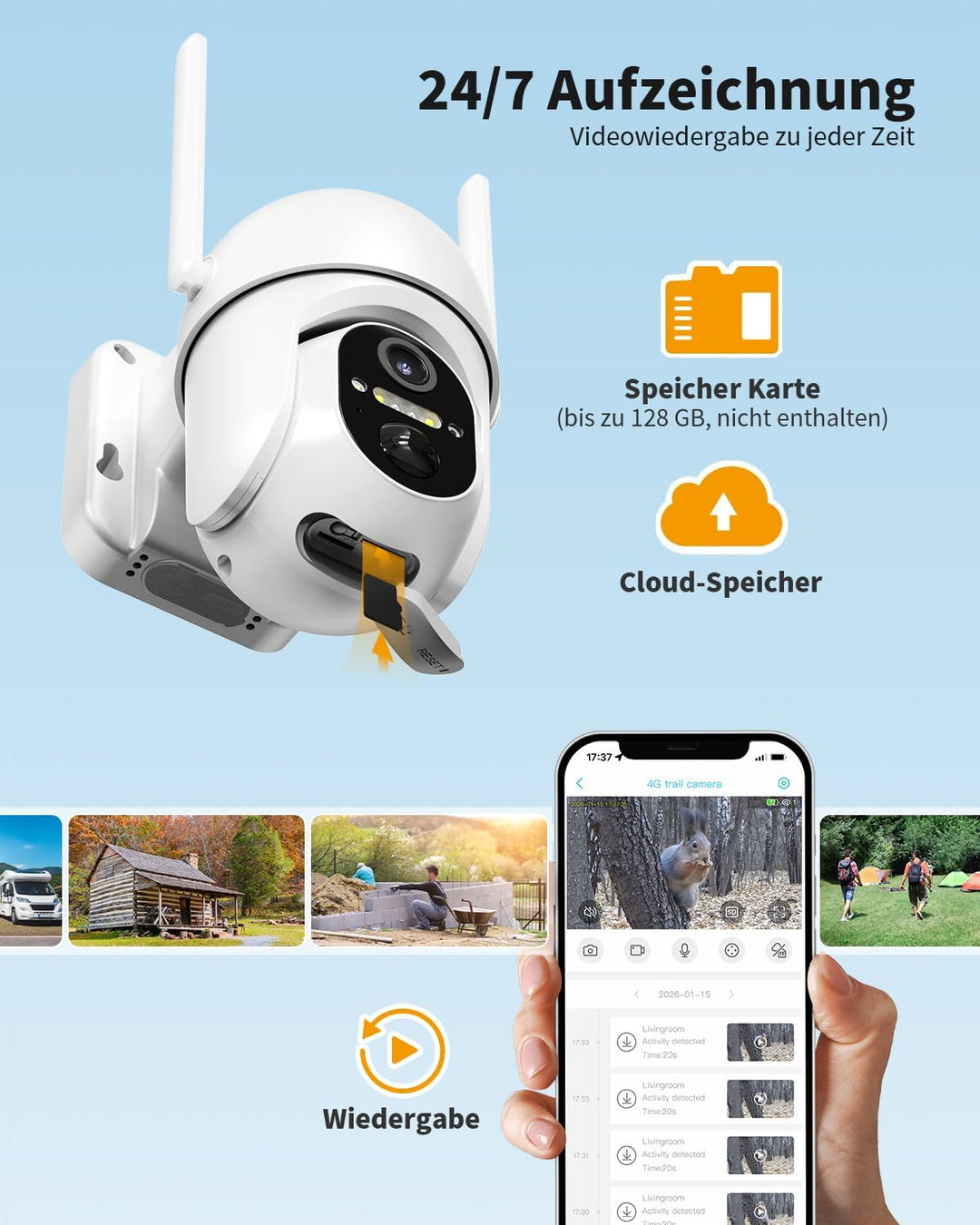 4G LTE Überwachungskamera Aussen Akku mit SIM Karte, 2K Kabellos Solar PTZ Kamera Ohne WLAN Outdoor,