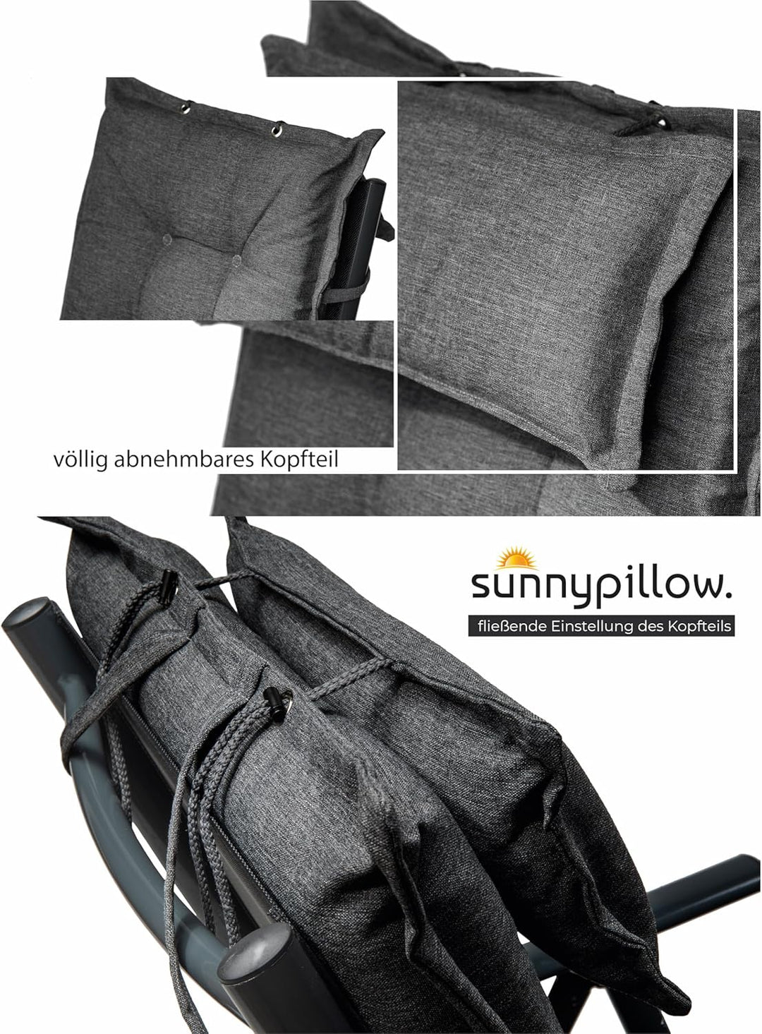 sunnypillow 2 Stück Gartenstuhlauflagen mit abnehmbarem Kopfpolster - 120 x 50 x 9cm - Stuhlauflagen