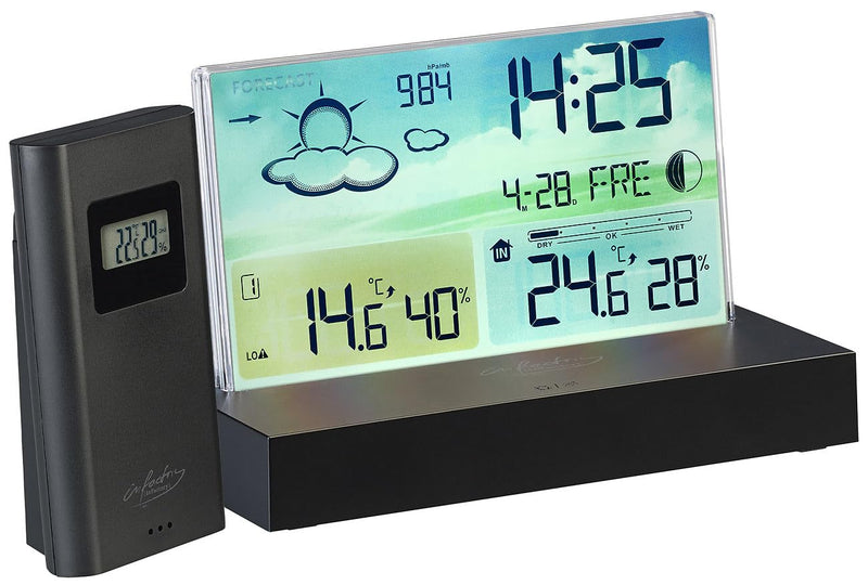 infactory Barometer: Funk-Wetterstation mit rahmenlosem LCD-Display, Aussensensor, Funk-Uhr (Digital