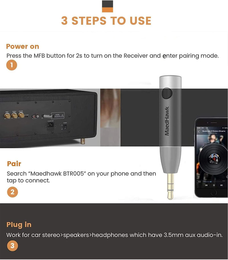 MaedHawk Aux Bluetooth Adapter Auto, BT5.0 Audio Empfänger/Receiver, 3,5 mm Aux in Car Kit(Freisprec