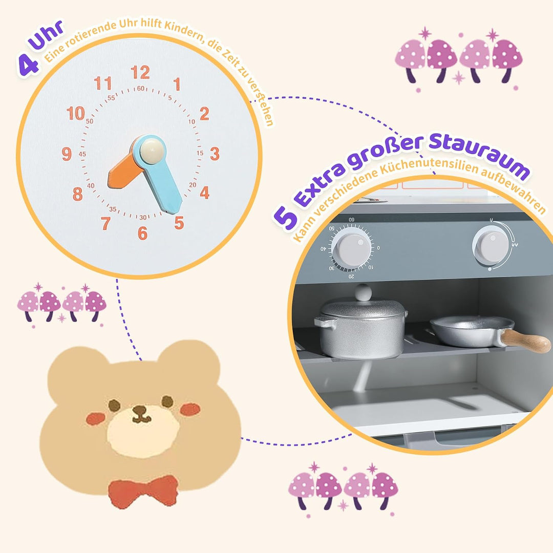 Kinderküche aus Holz mit Zubehör, Rollenspielküche für Kinder, Mini Küchenchef Spielset, Kinderküche