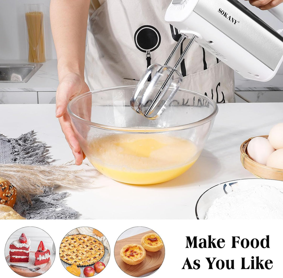 SOKANY 800W Handrührgerät Edelstahlkneter Handmixer, 5 Geschwindigkeiten mit Exit-Taste, Handrührer