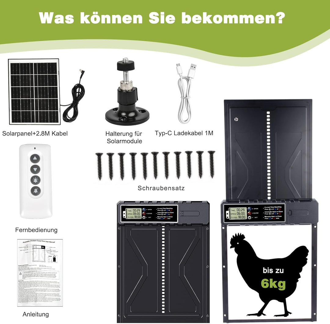 Grosse Solar Automatische Hühnerklappe Upgrade,Elektrische Hühnerklappe Automatisch mit Timer, 7W So