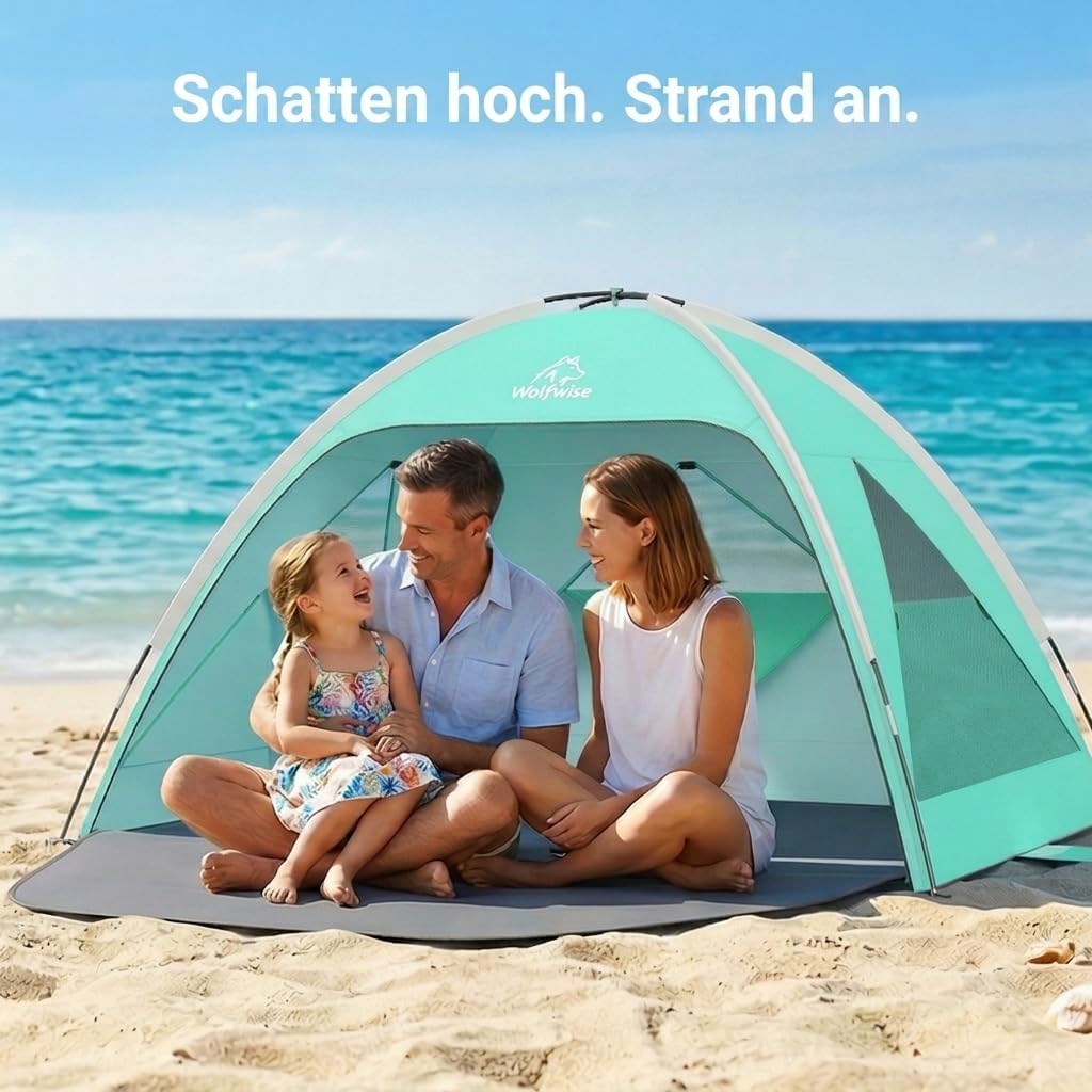 Wolfwise Strandmuschel UV Schutz, 3 Belüftungsfenster & Tragetasche, Strand Zelt mit erweiterbarem B