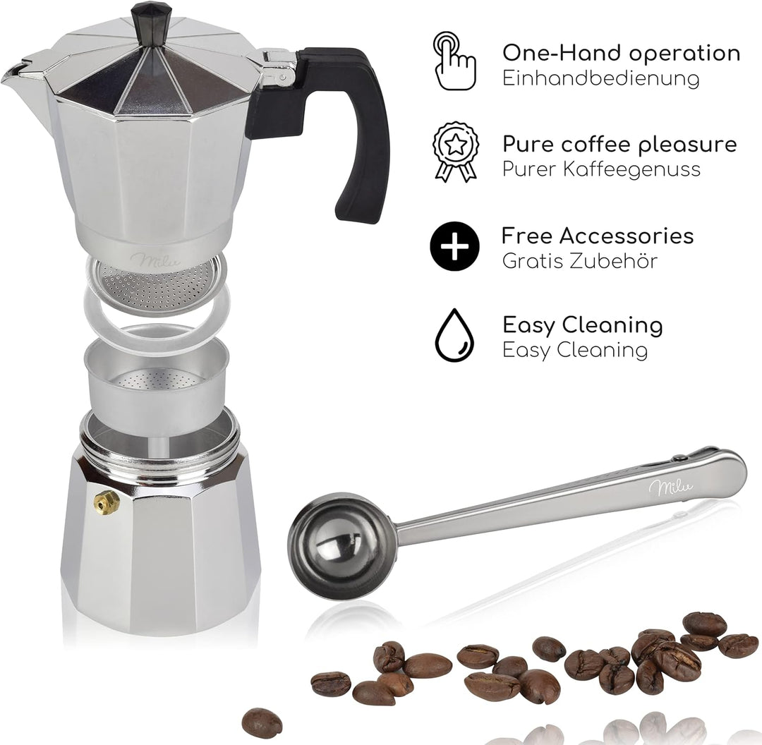 Milu Espressokocher (No Induktion) | 2, 3, 6, 9 Tassen| Aluminium Mokkakanne, Espressokanne, Espress